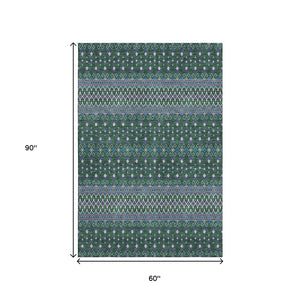 HomeRoots 5' X 8' Vibrant Green, Purple & Blue Tribal Area Rug - Washable, UV Protected, Family-Friendly Design 657109