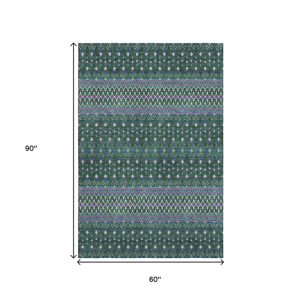HomeRoots 5' X 8' Vibrant Green, Purple & Blue Tribal Area Rug - Washable, UV Protected, Family-Friendly Design 657109
