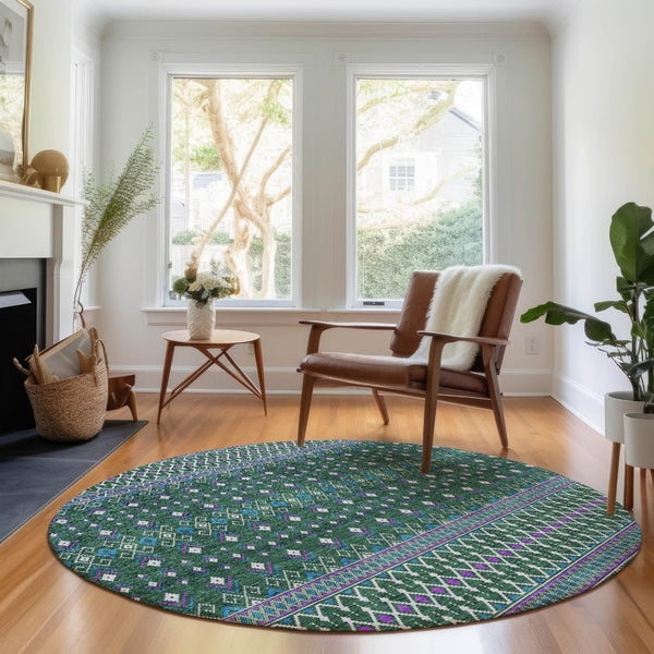 HomeRoots 8' Vibrant Tribal Round Rug with UV Protection - Washable, Stain-Resistant, Perfect for High-Traffic Areas 657110