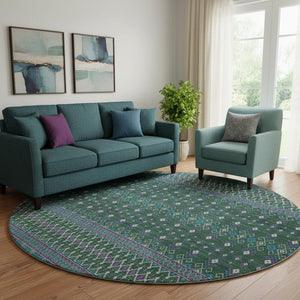 HomeRoots 8' Vibrant Tribal Round Rug with UV Protection - Washable, Stain-Resistant, Perfect for High-Traffic Areas 657110