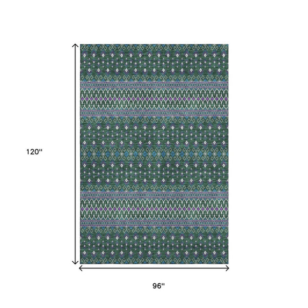 HomeRoots 8' X 10' Tribal Washable Area Rug in Vibrant Green, Purple & Blue – UV Protected for Durability! 657111