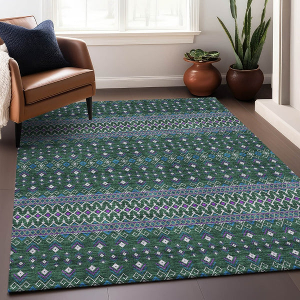 HomeRoots 8' X 10' Tribal Washable Area Rug in Vibrant Green, Purple & Blue – UV Protected for Durability! 657111