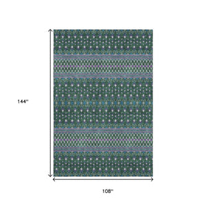 HomeRoots 9' X 12' Tribal Area Rug in Vibrant Green, Purple & Blue - Washable, UV-Protected, Perfect for Any Space! 657112