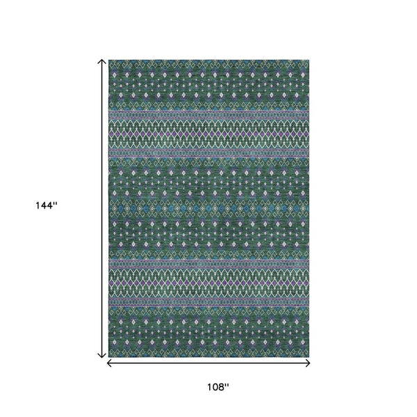 HomeRoots 9' X 12' Tribal Area Rug in Vibrant Green, Purple & Blue - Washable, UV-Protected, Perfect for Any Space! 657112