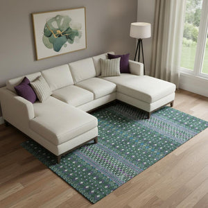 HomeRoots 9' X 12' Tribal Area Rug in Vibrant Green, Purple & Blue - Washable, UV-Protected, Perfect for Any Space! 657112