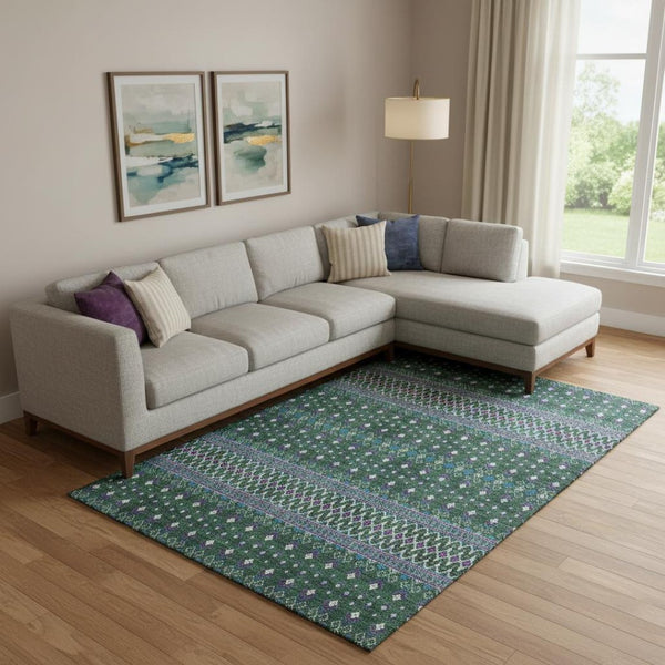 HomeRoots 10' Vibrant Green Purple Blue Tribal Washable Area Rug - UV Protected, Stain Resistant & Durable! 657113