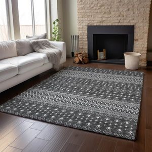 HomeRoots 5' X 8' Gray and Silver Tribal Area Rug - Washable, UV-Protected, Stylish, and Durable for Busy Homes 657115