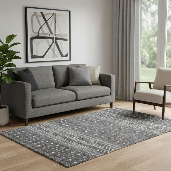HomeRoots 5' X 8' Gray and Silver Tribal Area Rug - Washable, UV-Protected, Stylish, and Durable for Busy Homes 657115