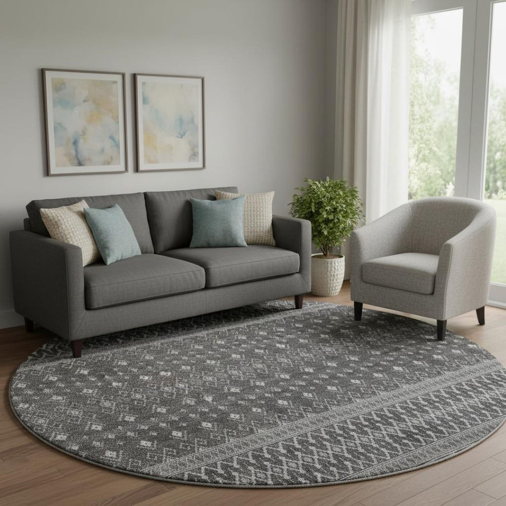 HomeRoots 8' Gray and Silver Tribal Round Rug: Stylish, Washable, UV-Protected, Perfect for Homes with Kids & Pets 657116