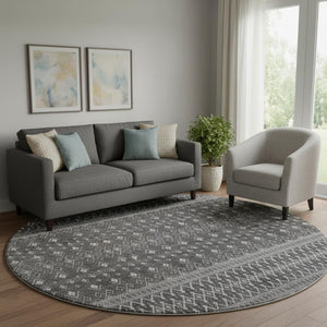 HomeRoots 8' Gray and Silver Tribal Round Rug: Stylish, Washable, UV-Protected, Perfect for Homes with Kids & Pets 657116