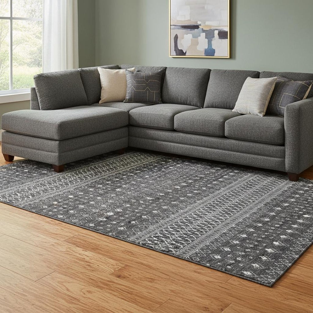 HomeRoots 10' Tribal Area Rug - Gray & Silver, Washable with UV Protection for Modern Living Spaces & Durability 657119