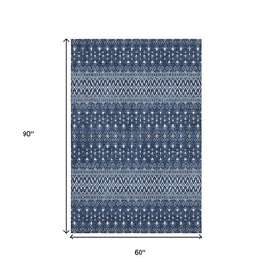 HomeRoots 5' X 8' Navy Blue Ivory Tribal Area Rug - Washable, Stain Resistant, UV Protected for Homes 657121