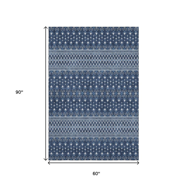 HomeRoots 5' X 8' Navy Blue Ivory Tribal Area Rug - Washable, Stain Resistant, UV Protected for Homes 657121