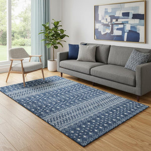 HomeRoots 5' X 8' Navy Blue Ivory Tribal Area Rug - Washable, Stain Resistant, UV Protected for Homes 657121
