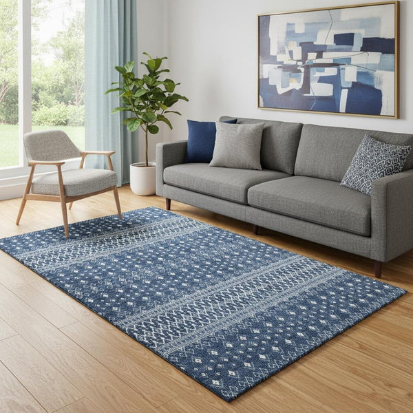HomeRoots 5' X 8' Navy Blue Ivory Tribal Area Rug - Washable, Stain Resistant, UV Protected for Homes 657121