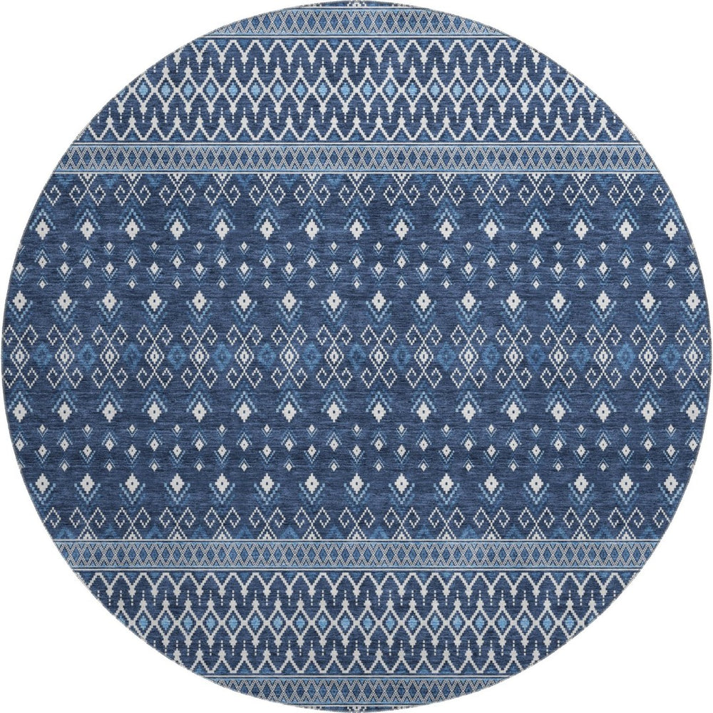 HomeRoots 8' Navy Blue & Ivory Tribal Round Rug - Washable, UV-Protected, Durable for High-Traffic Areas 657122