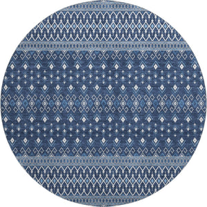 HomeRoots 8' Navy Blue & Ivory Tribal Round Rug - Washable, UV-Protected, Durable for High-Traffic Areas 657122