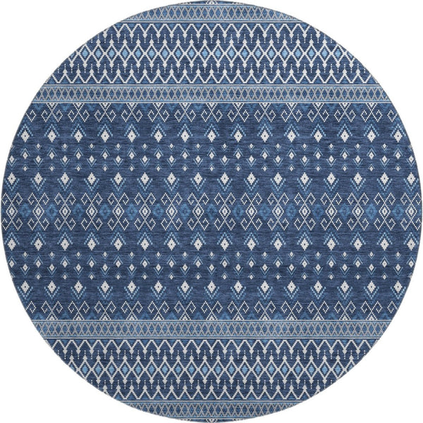 HomeRoots 8' Navy Blue & Ivory Tribal Round Rug - Washable, UV-Protected, Durable for High-Traffic Areas 657122