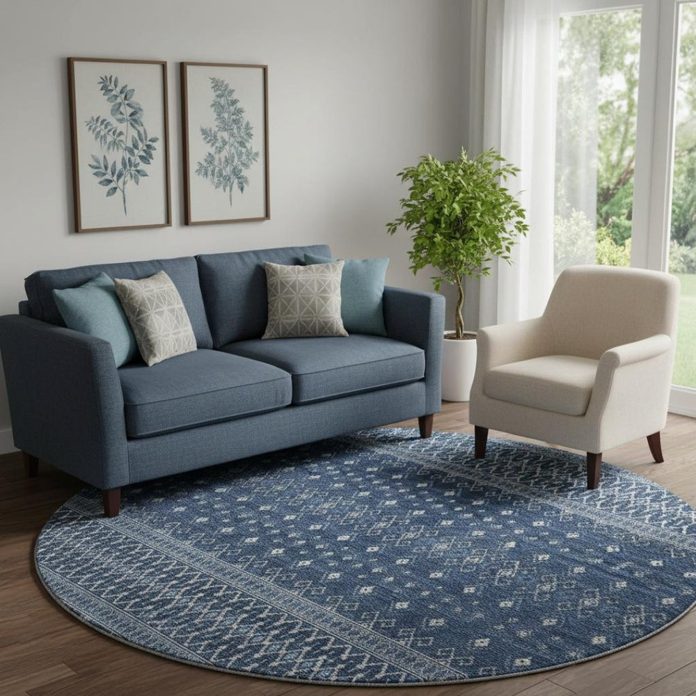 HomeRoots 8' Navy Blue & Ivory Tribal Round Rug - Washable, UV-Protected, Durable for High-Traffic Areas 657122