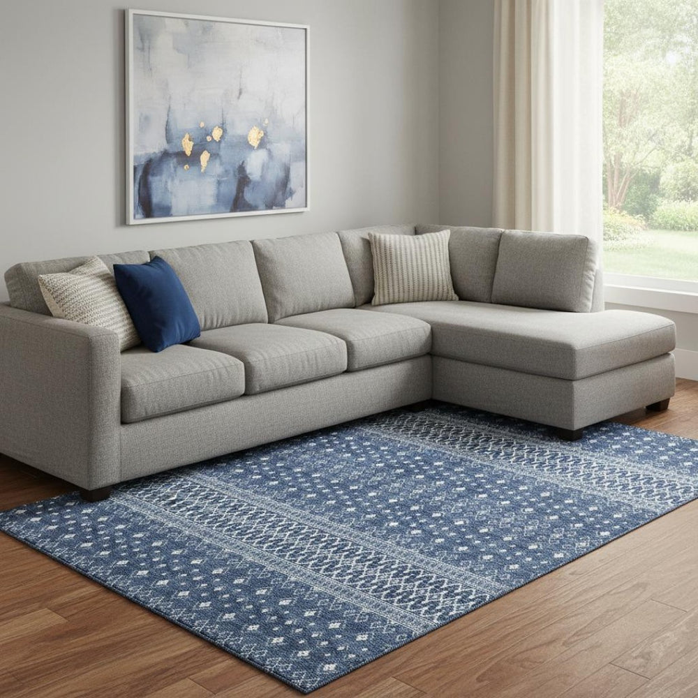 HomeRoots 8' X 10' Navy Blue Tribal Area Rug – Stylish, Washable, UV-Protected & Perfect for High-Traffic Spaces! 657123