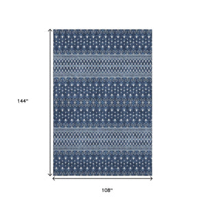 HomeRoots 9' X 12' Navy Blue Tribal Area Rug - Washable, UV Protected, Durable for Kids & Pets, Stylish Décor 657124