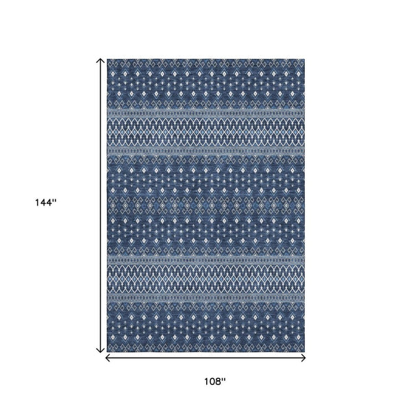 HomeRoots 9' X 12' Navy Blue Tribal Area Rug - Washable, UV Protected, Durable for Kids & Pets, Stylish Décor 657124