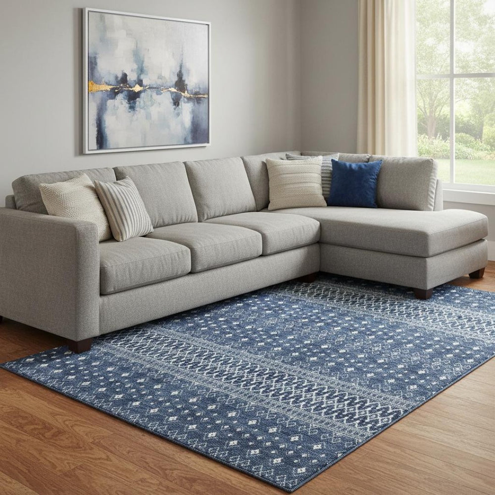 HomeRoots 9' X 12' Navy Blue Tribal Area Rug - Washable, UV Protected, Durable for Kids & Pets, Stylish Décor 657124