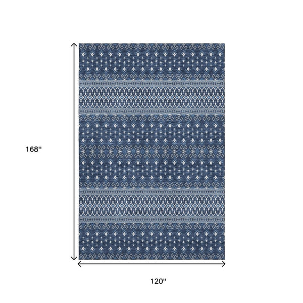 HomeRoots 10' X 14' Navy Blue Tribal Area Rug – Washable, UV Protected & Stain Resistant for Family Spaces 657125