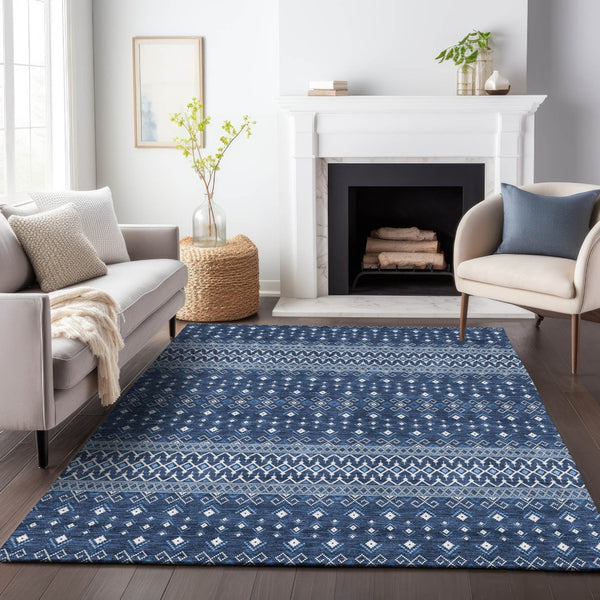 HomeRoots 10' X 14' Navy Blue Tribal Area Rug – Washable, UV Protected & Stain Resistant for Family Spaces 657125