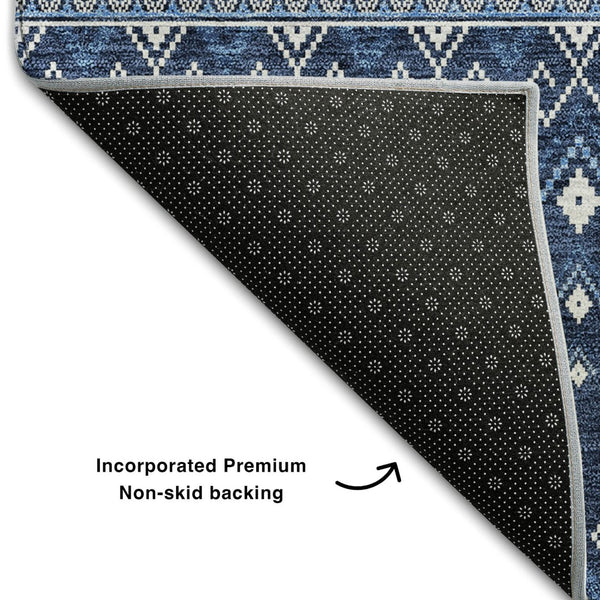 HomeRoots 10' X 14' Navy Blue Tribal Area Rug – Washable, UV Protected & Stain Resistant for Family Spaces 657125