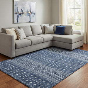 HomeRoots 10' X 14' Navy Blue Tribal Area Rug – Washable, UV Protected & Stain Resistant for Family Spaces 657125
