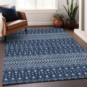 HomeRoots 10' X 14' Navy Blue Tribal Area Rug – Washable, UV Protected & Stain Resistant for Family Spaces 657125