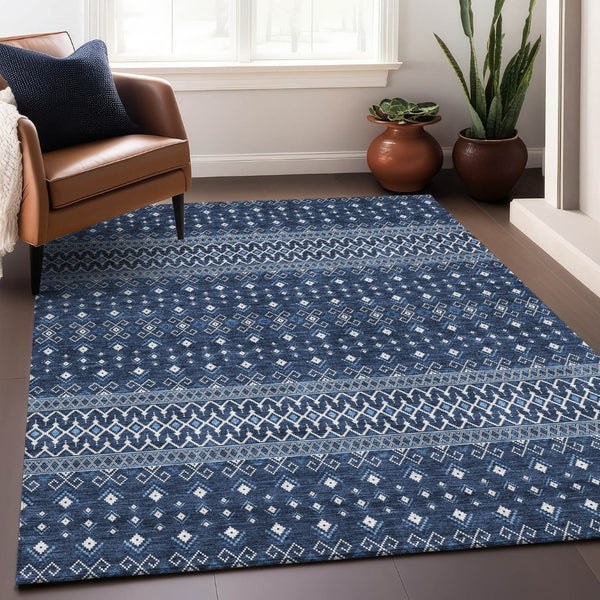 HomeRoots 10' X 14' Navy Blue Tribal Area Rug – Washable, UV Protected & Stain Resistant for Family Spaces 657125