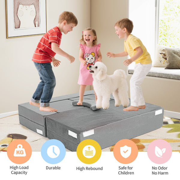 English Elm 5-piece Modular Foam Play Couch Velvet Toddler Sofa Foldable Kids Playroom Set Dark Gray T5880P493437