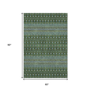HomeRoots 5' X 8' Washable Olive Green, Blue & Ivory Tribal Area Rug – Durable, UV-Protected & Easy Care Design 657127