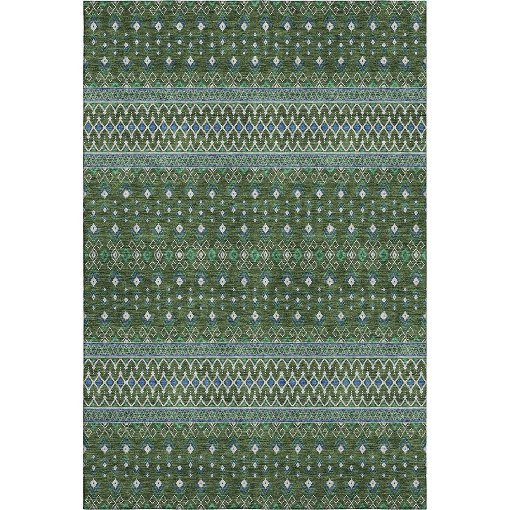 HomeRoots 5' X 8' Washable Olive Green, Blue & Ivory Tribal Area Rug – Durable, UV-Protected & Easy Care Design 657127
