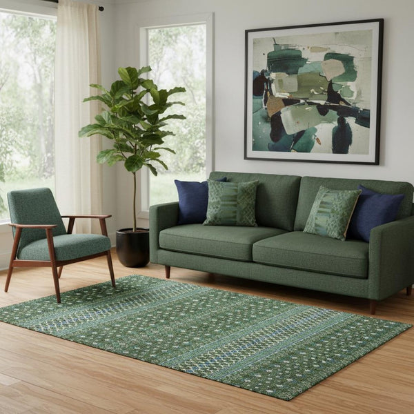 HomeRoots 5' X 8' Washable Olive Green, Blue & Ivory Tribal Area Rug – Durable, UV-Protected & Easy Care Design 657127