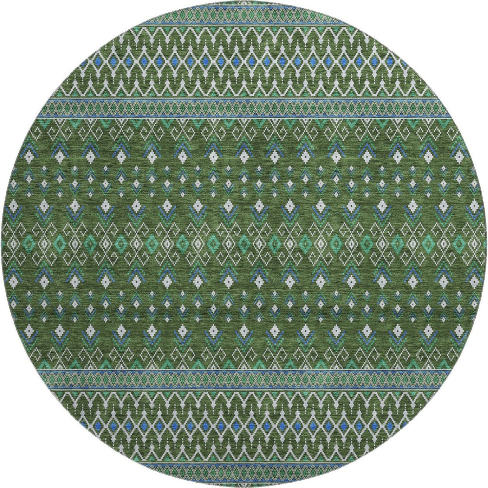 HomeRoots 8' Olive Green, Blue & Ivory Tribal Round Rug - Washable, UV-Protected, Stain Resistant for Homes 657128