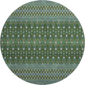 HomeRoots 8' Olive Green, Blue & Ivory Tribal Round Rug - Washable, UV-Protected, Stain Resistant for Homes 657128
