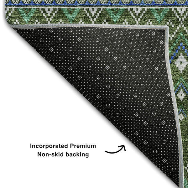 HomeRoots 8' Olive Green, Blue & Ivory Tribal Round Rug - Washable, UV-Protected, Stain Resistant for Homes 657128