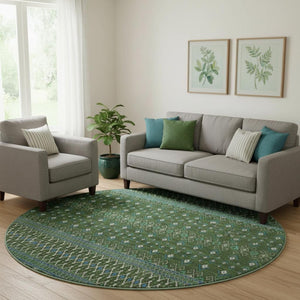 HomeRoots 8' Olive Green, Blue & Ivory Tribal Round Rug - Washable, UV-Protected, Stain Resistant for Homes 657128