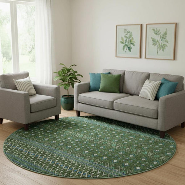 HomeRoots 8' Olive Green, Blue & Ivory Tribal Round Rug - Washable, UV-Protected, Stain Resistant for Homes 657128