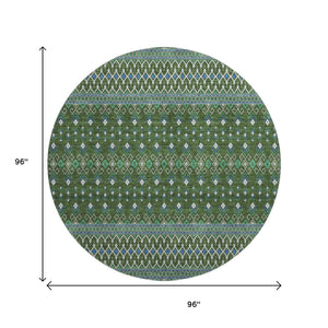 HomeRoots 8' Olive Green, Blue & Ivory Tribal Round Rug - Washable, UV-Protected, Stain Resistant for Homes 657128