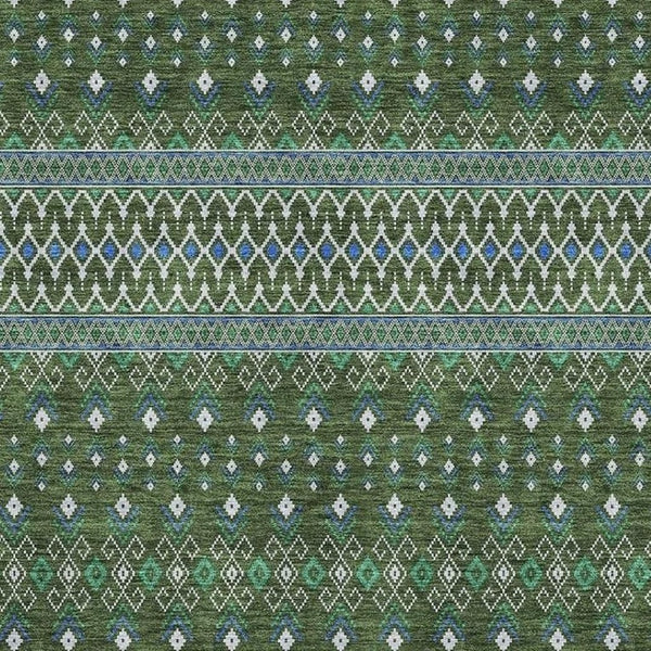 HomeRoots 8' X 10' Washable Olive Green, Blue & Ivory Tribal Area Rug with UV Protection for High-Traffic Spaces 657129