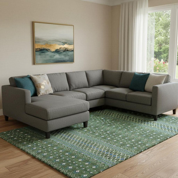 HomeRoots 8' X 10' Washable Olive Green, Blue & Ivory Tribal Area Rug with UV Protection for High-Traffic Spaces 657129