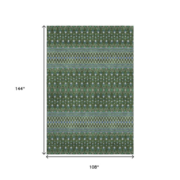 HomeRoots 9' X 12' Olive Green, Blue & Ivory Tribal Area Rug - Durable, Stain-Resistant & UV-Protected Comfort 657130