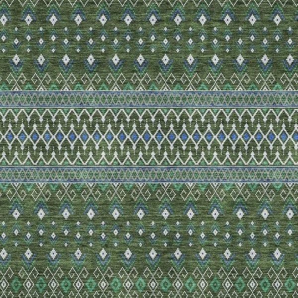 HomeRoots 9' X 12' Olive Green, Blue & Ivory Tribal Area Rug - Durable, Stain-Resistant & UV-Protected Comfort 657130