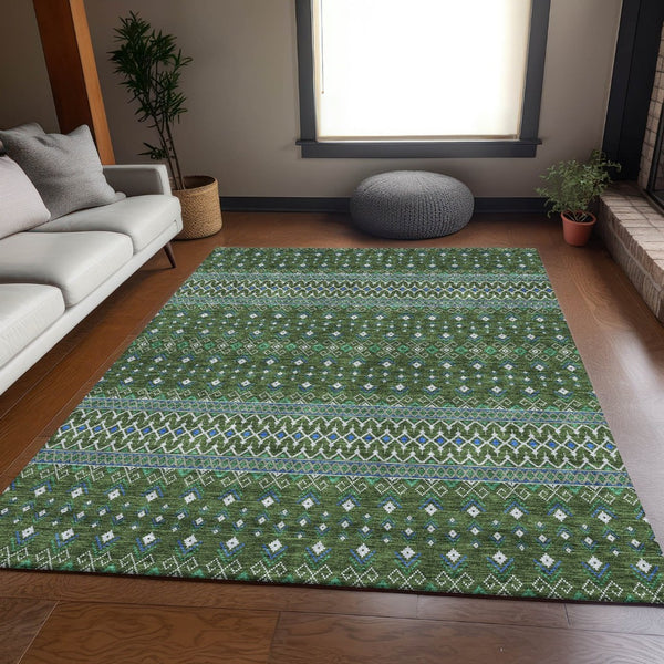 HomeRoots 9' X 12' Olive Green, Blue & Ivory Tribal Area Rug - Durable, Stain-Resistant & UV-Protected Comfort 657130