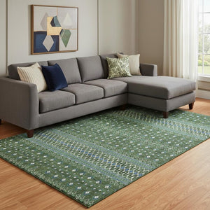 HomeRoots 9' X 12' Olive Green, Blue & Ivory Tribal Area Rug - Durable, Stain-Resistant & UV-Protected Comfort 657130