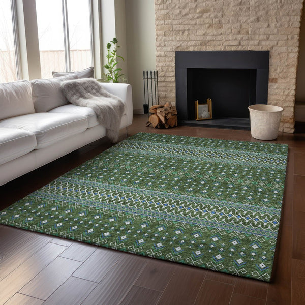 HomeRoots 9' X 12' Olive Green, Blue & Ivory Tribal Area Rug - Durable, Stain-Resistant & UV-Protected Comfort 657130
